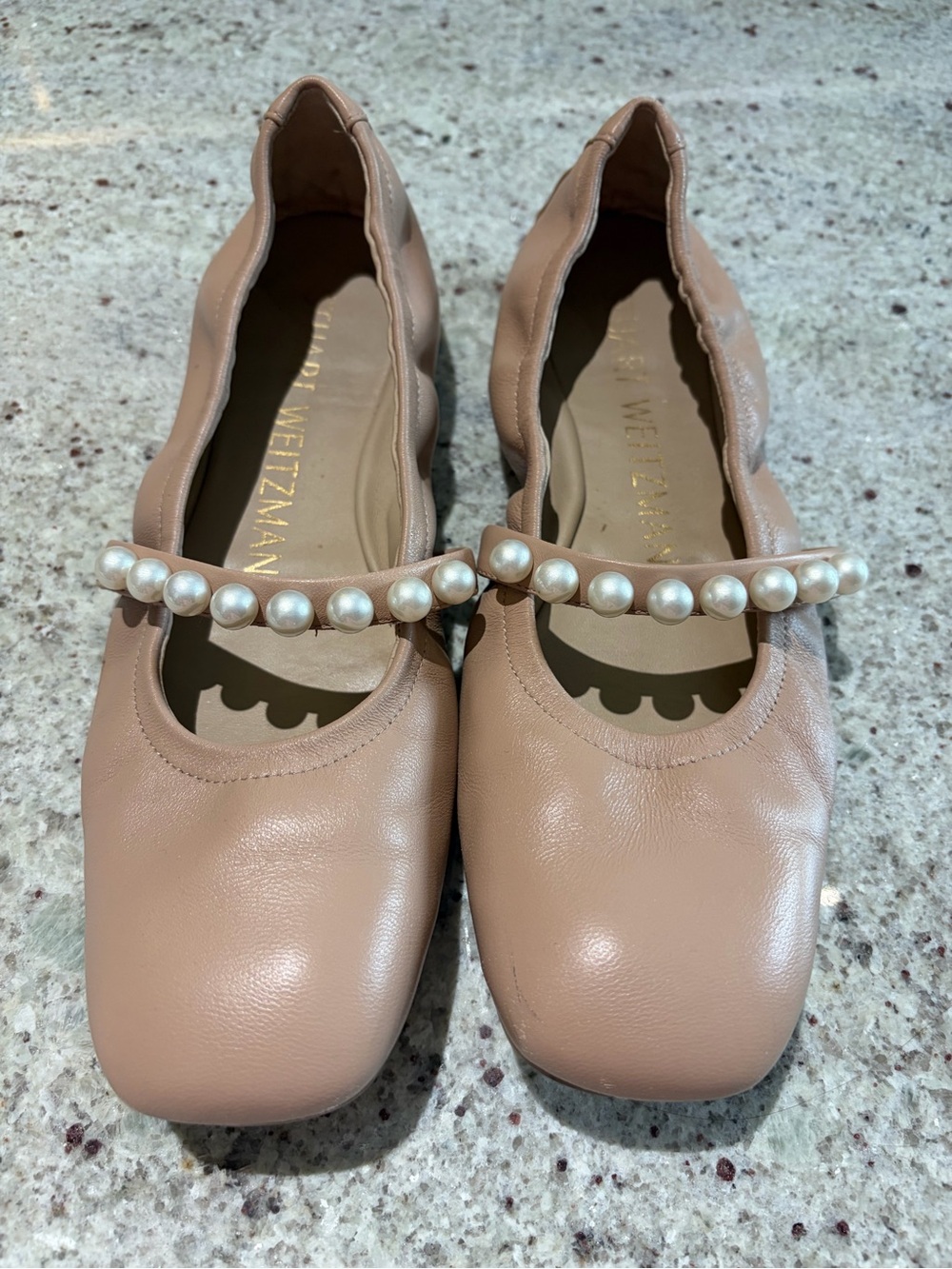 Stuart Weitzman Goldie Ballet Flat in Adobe with Pearl-Strap - Picture 2 of 6